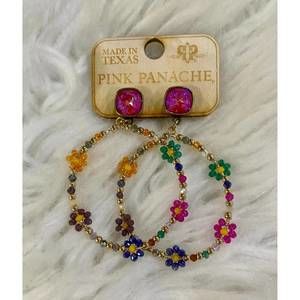NEW PINK PANACHE women's beaded flower hoop earrings in multi